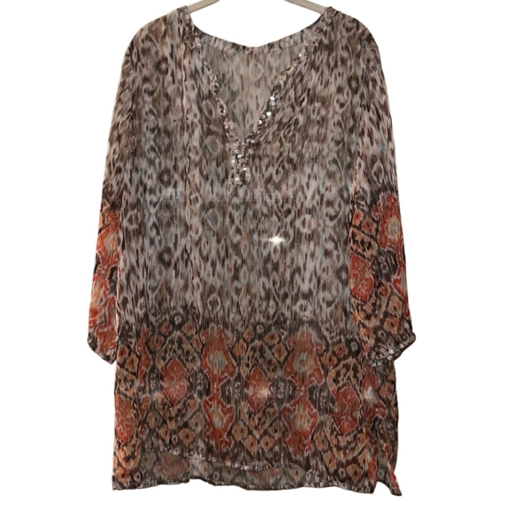 Lightweight Sheer Beaded Brown Cream Orange Patterned Long Sleeve Blouse L